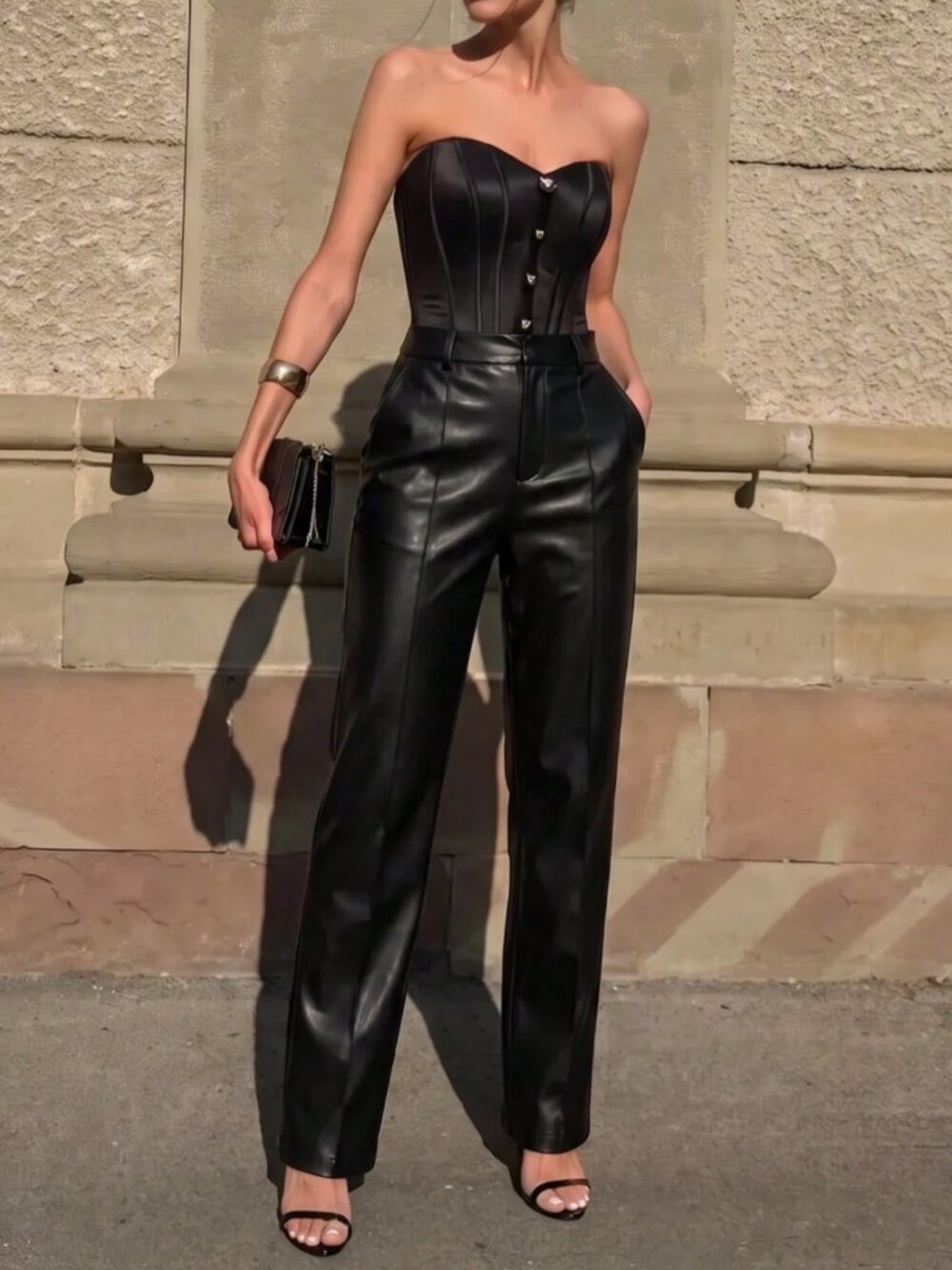 Black Elegant Women's Zipper Fly Draped Straight Leg Faux Leather Pants